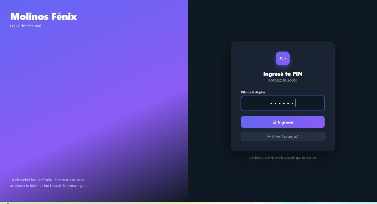 Pantalla de verificación de PIN