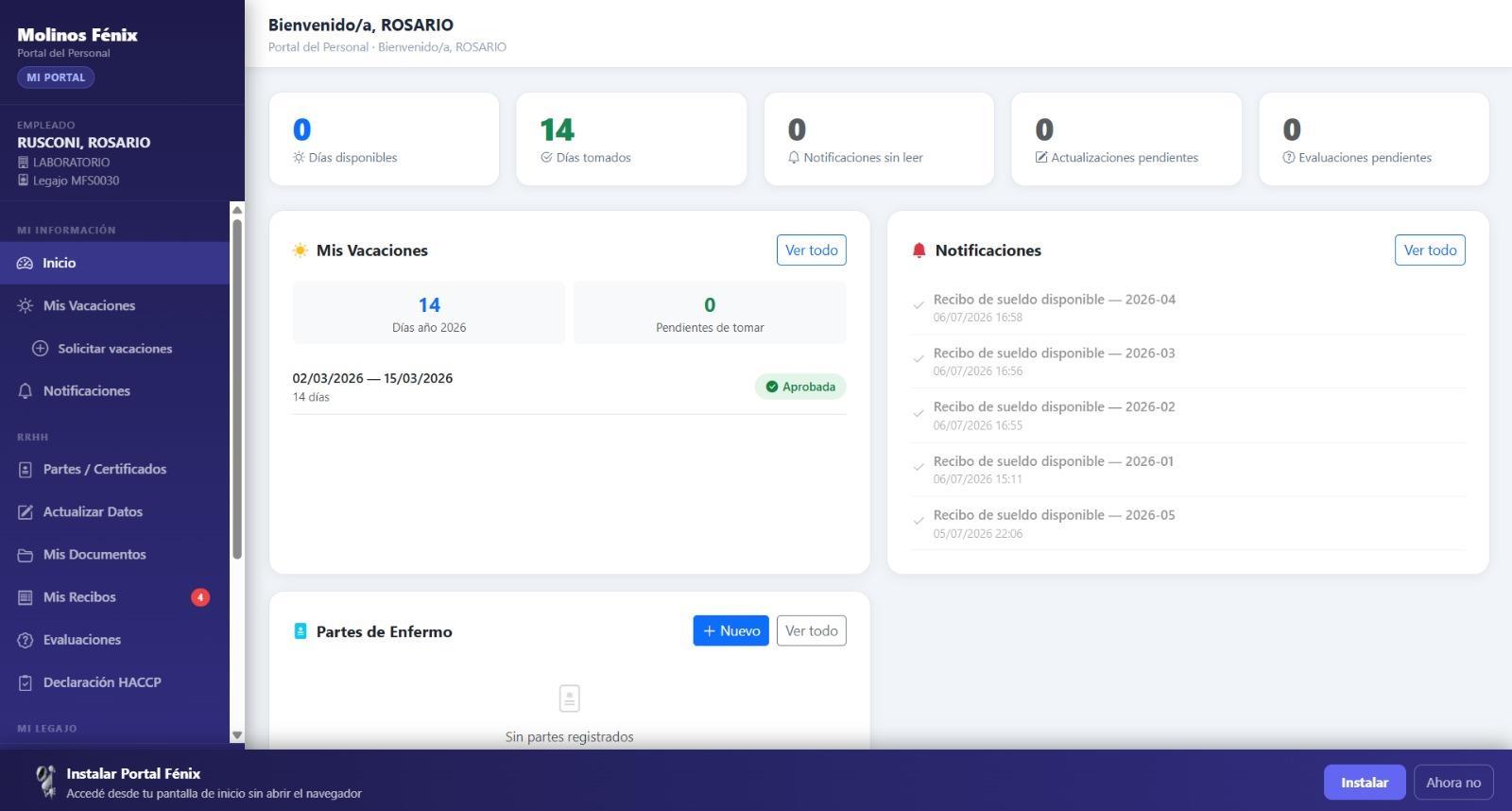 Pantalla de inicio del Portal del Personal