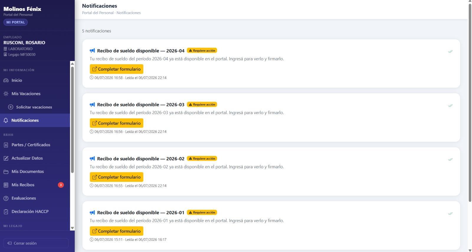 Listado de notificaciones