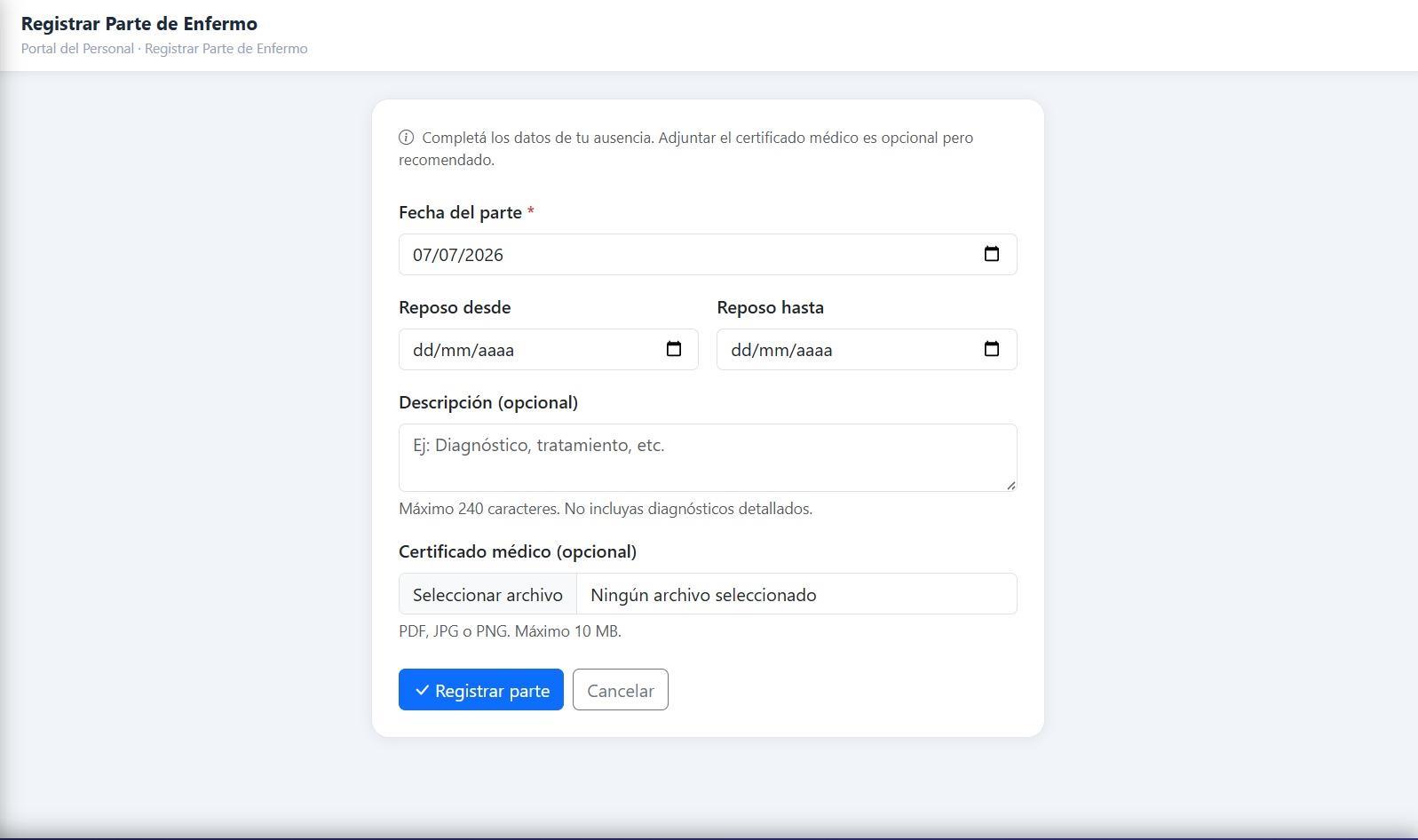 Formulario para registrar parte de enfermo