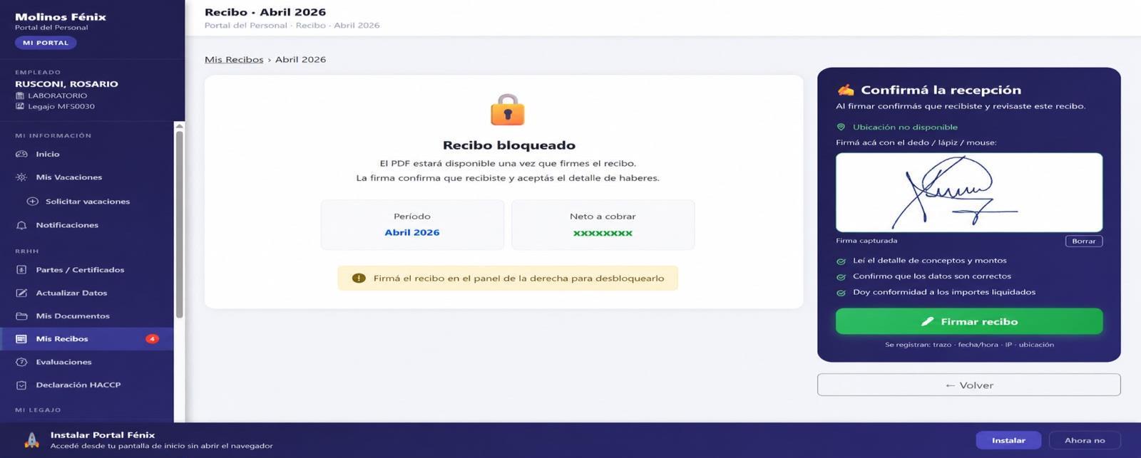 Recibo bloqueado, pendiente de firma