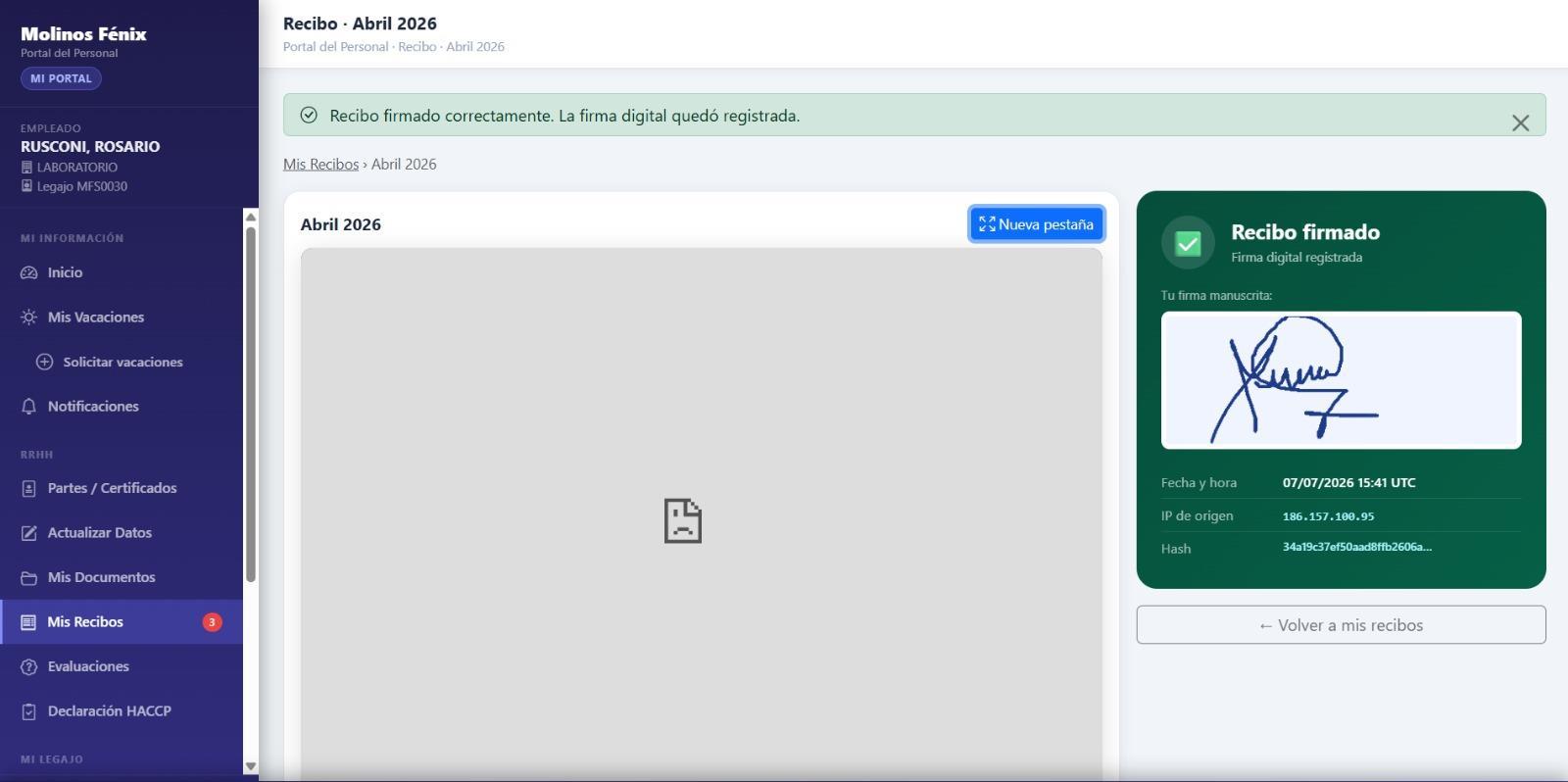 Recibo firmado correctamente