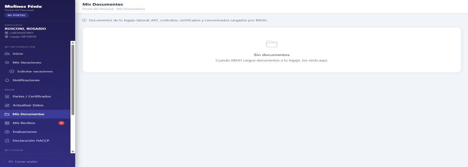 Sección Mis Documentos vacía