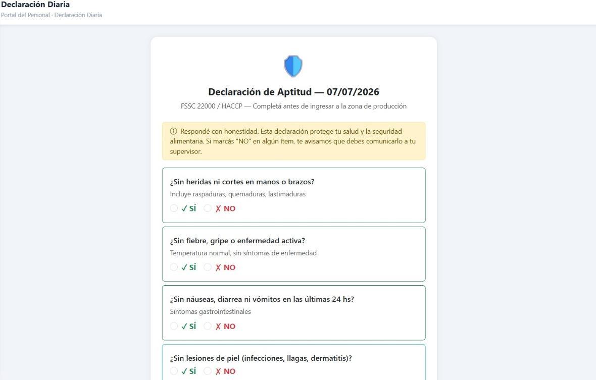 Declaración Diaria de Aptitud FSSC 22000 / HACCP
